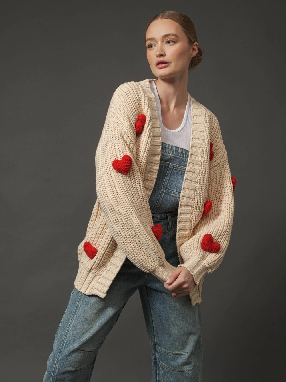 Cream Cardigan with Red 3D Heart Appliques Size M NWT